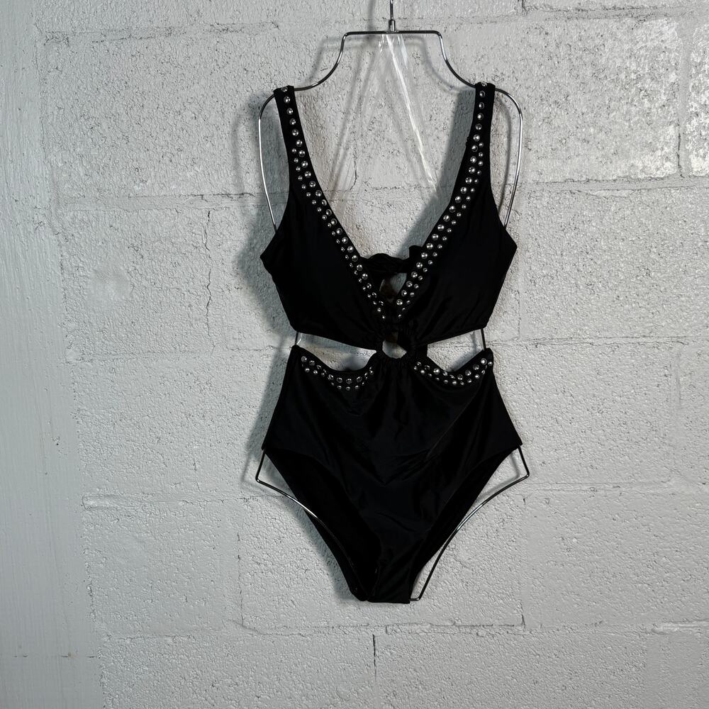 Bar III Women's Tell Me About It Stud One-Piece Swimsuit black S  MSRP 98
